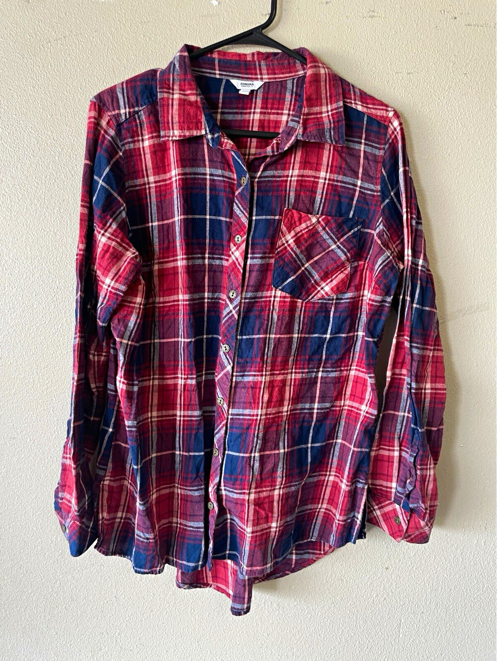 Women’s Large Sonoma Red Blue White Plaid Flannel Long Sleeve Button-Up Pockets